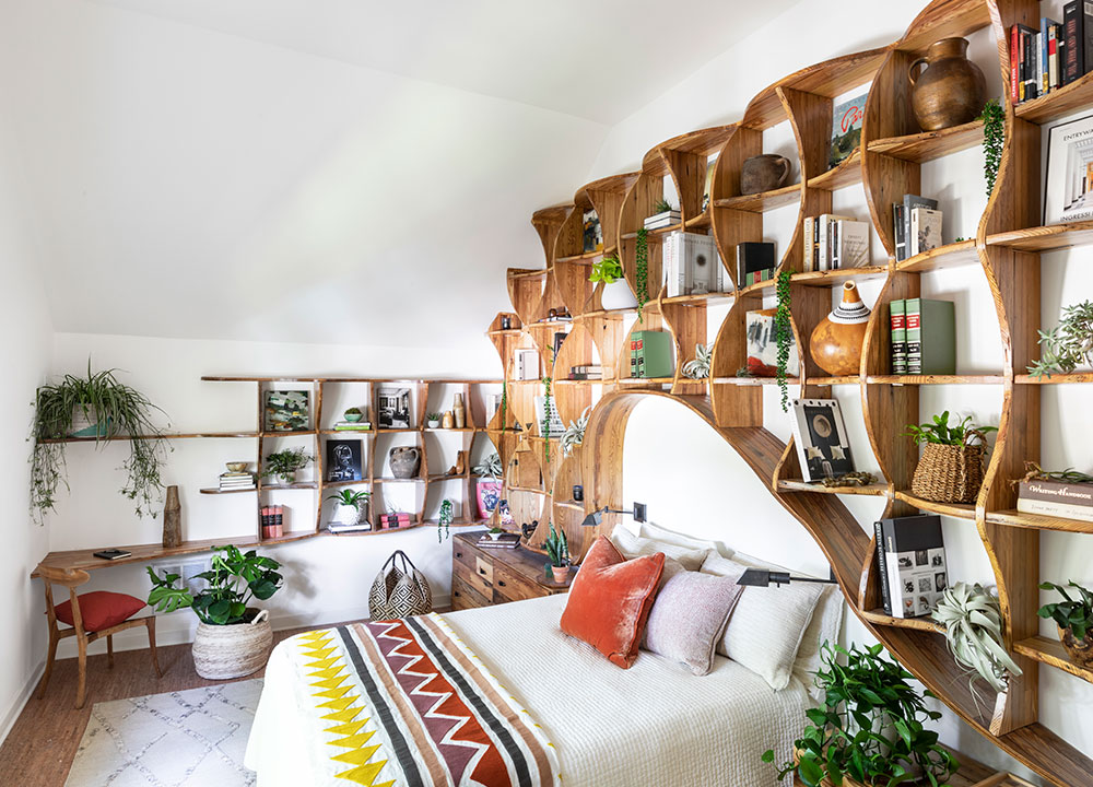 Bedroom with Custom Bookcase, Living in an Adult Treehouse, Home Design - Valerie Legras Atelier