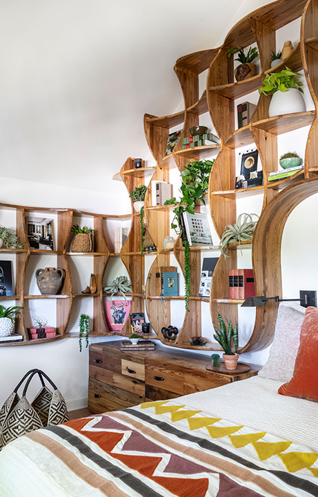 Bedroom with Custom Bookcase, Living in an Adult Treehouse, Home Design - Valerie Legras Atelier